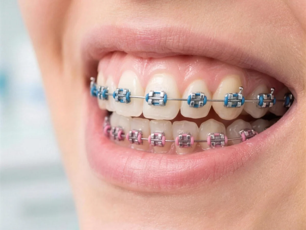 Sonrisa con brackets metálicos convencionales y ligas de colores.